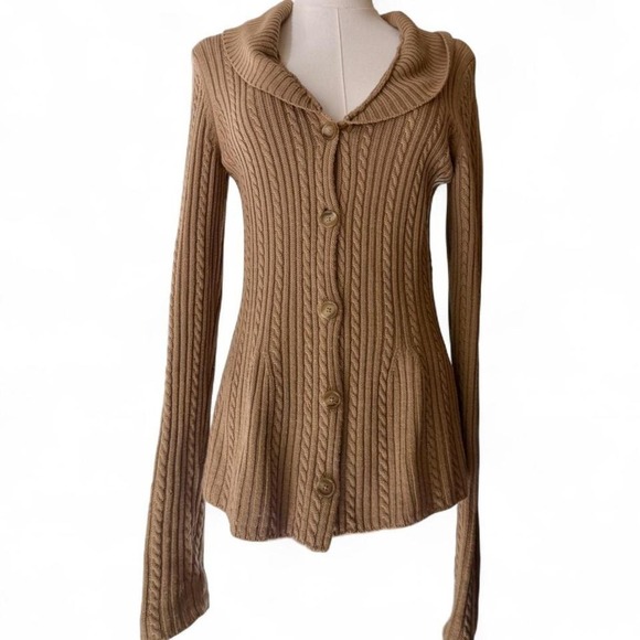 Ann Taylor Cardigan M Beige Cable Knit Button Front Cozy Fall Sweater - Picture 1 of 4